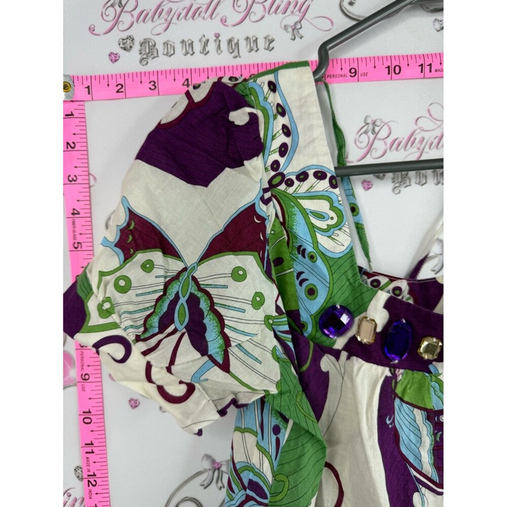 725 originals shirt, jewels Butterfly Print Puff Sleeve Top — Purple & Green - Picture 3 of 12